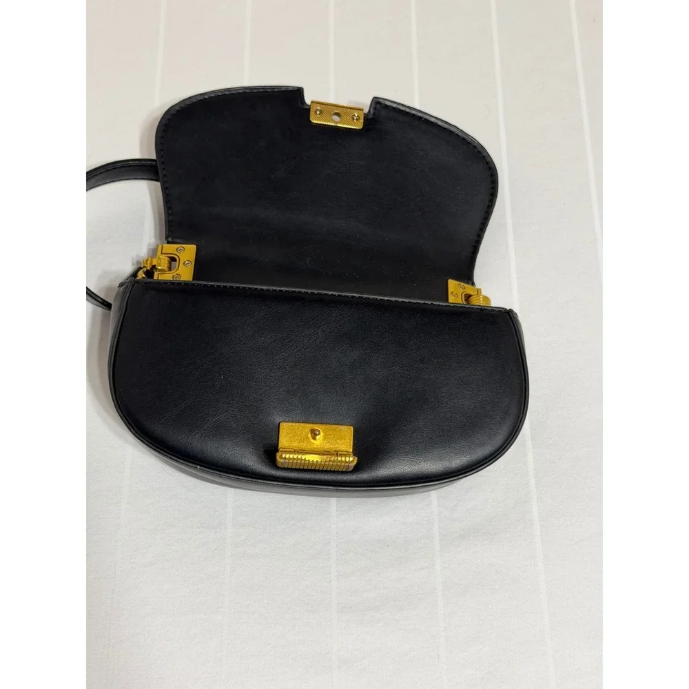 Rachel Zoe Black Leather Shoulder Bag Gold Hardware Clasp Minimalist Handbag